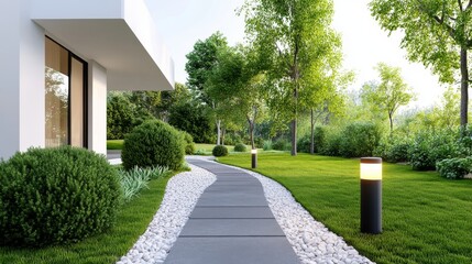 Fototapeta premium A quiet garden scene with a stone and gravel path, surrounded by bright green bushes and intricate grass patterns, softly lit under the soft autumn sunlight, with a villa in the background.