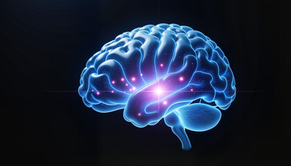 Glowing digital brain with intricate blue and purple light patterns against a black background
