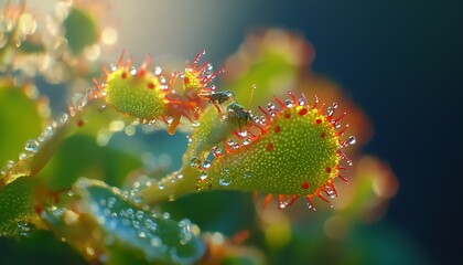 Obraz premium Macro shot of sticky Sundew leaves with vibrant red-tipped hairs catching insects