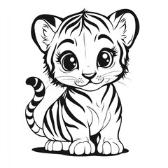 Adorable cartoon tiger cub, sitting, white background, coloring page (1)