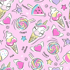 Beautiful pink seamless unicorn pattern. Cute ice cream pattern. Fashion illustration drawing in modern style for clothes. Art