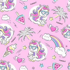 Art. Beautiful pink seamless unicorn pattern. Cute unicorn pattern. Fashion illustration drawing in modern style for clothes.