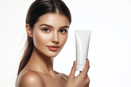 Beautiful beauty female woman's model hand holding white empty blank mockup skincare cream tube template, cosmetics commercial ad on white background.