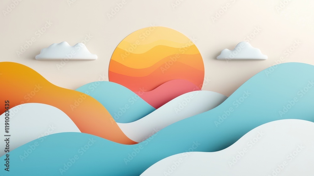 Poster vibrant abstract landscape with layered waves and setting sun against a soft cream background