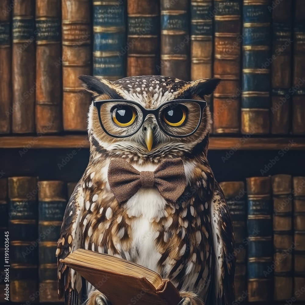 Aufkleber owl wearing glasses and a bow tie poses in front of an impressive grand bookshelf filled with classi
