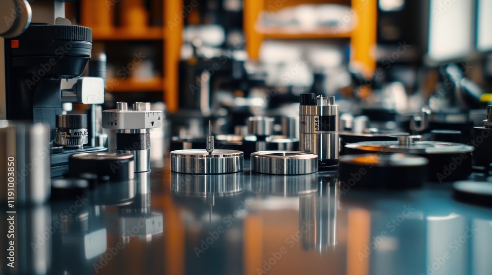Aufkleber precision engineering tools and components are neatly arranged on a reflective table in a workshop, 