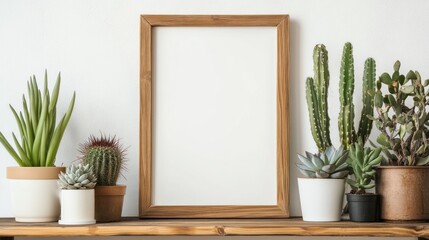 Fototapeta premium Wooden Frame Mockup with Succulents and Cacti