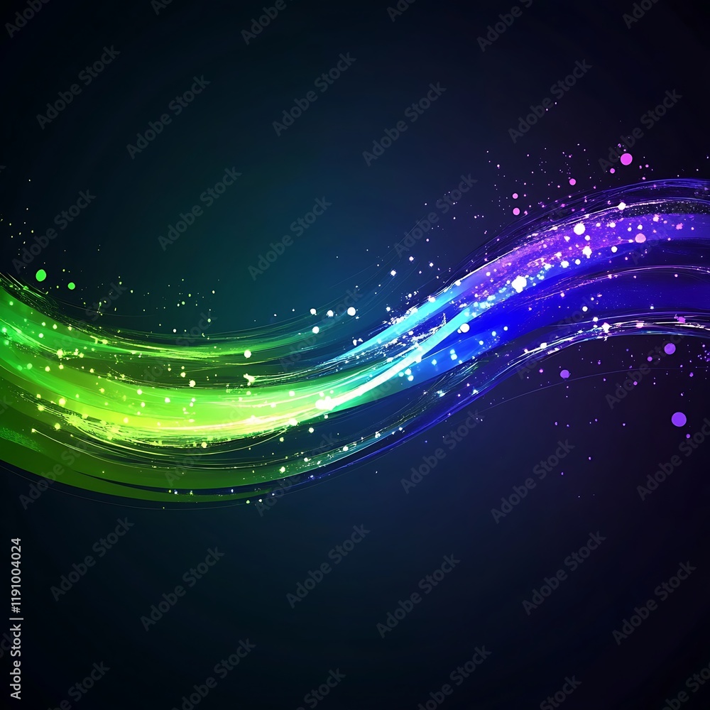 Poster Colorful light wave with sparkling particles on dark background for digital art