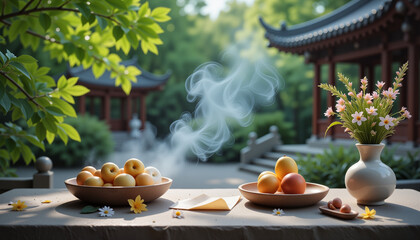 Fototapeta premium Serene shrine scene during Qingming Festival with incense, fruits, and flowers on stone altar