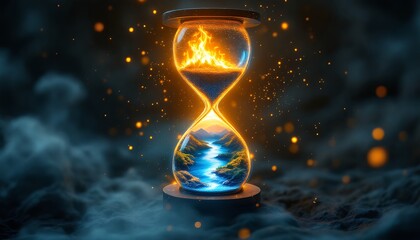 Time's Passage: A Surreal Hourglass Encapsulating Fire and a Serene Landscape