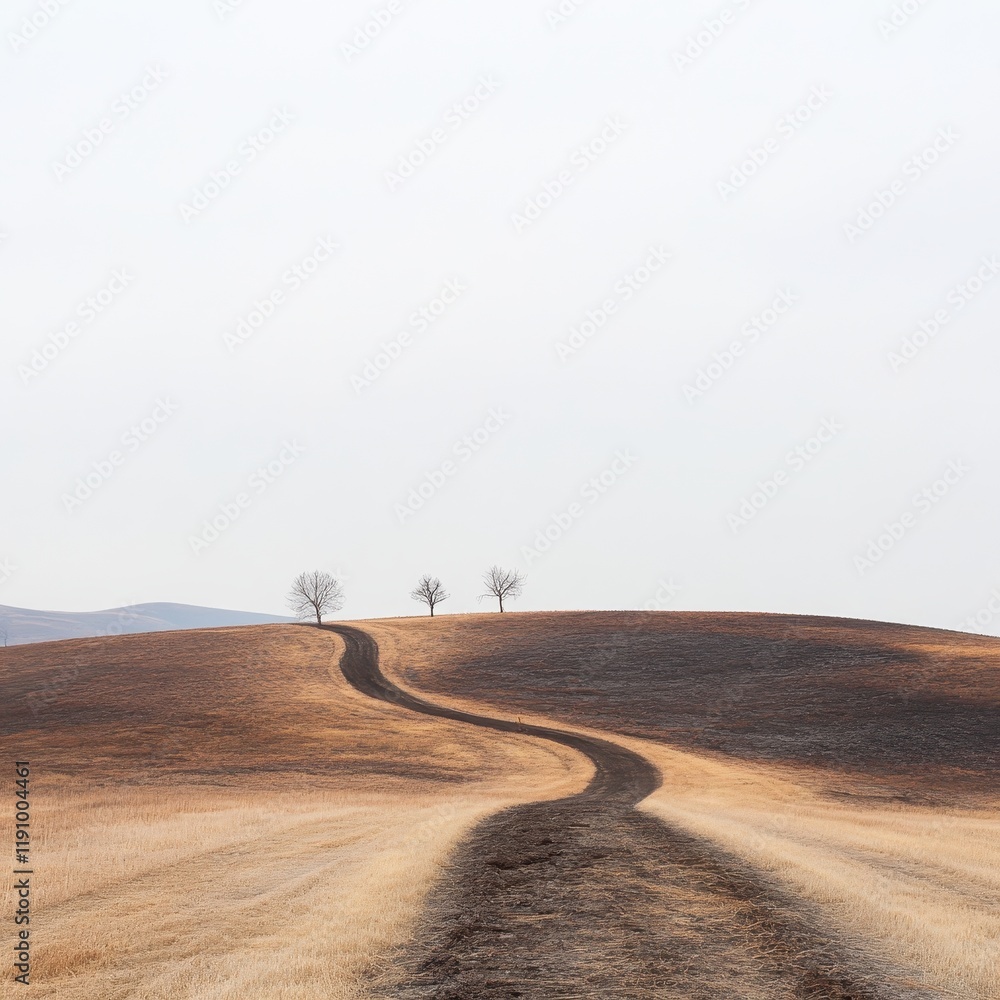 Poster serene landscape with a winding path through dry grass and minimal trees under a soft sky