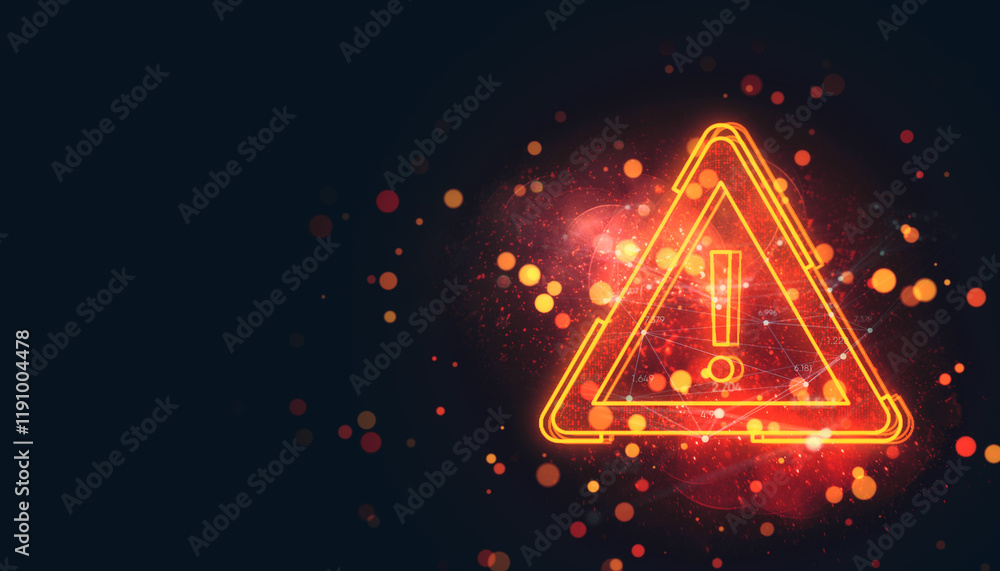 Poster Glowing red warning triangle with exclamation mark on dark background, surrounded by digital particles and abstract light effects. 3D Rendering