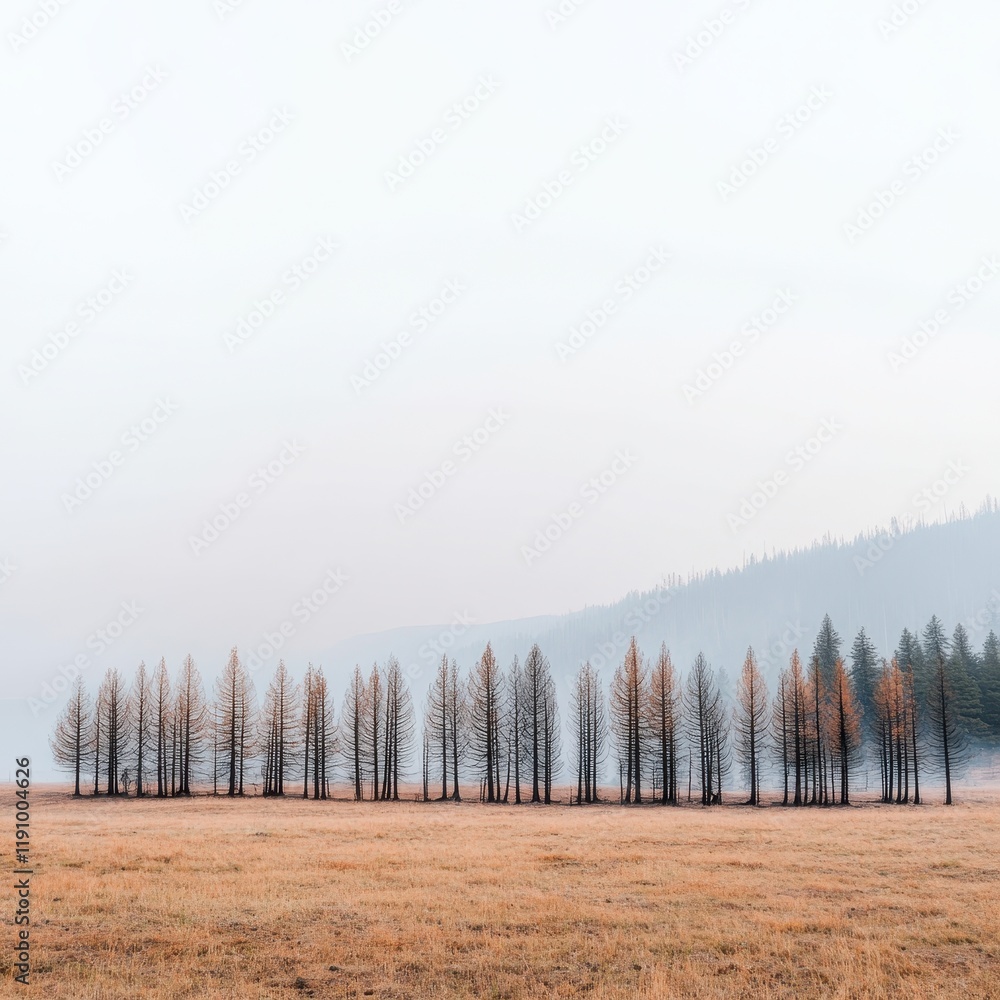 Poster serene landscape featuring sparse trees in an expansive field under soft morning light with hazy mou