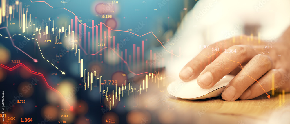 Aufkleber Financial data chart overlay with a hand on a computer mouse in a business concept.