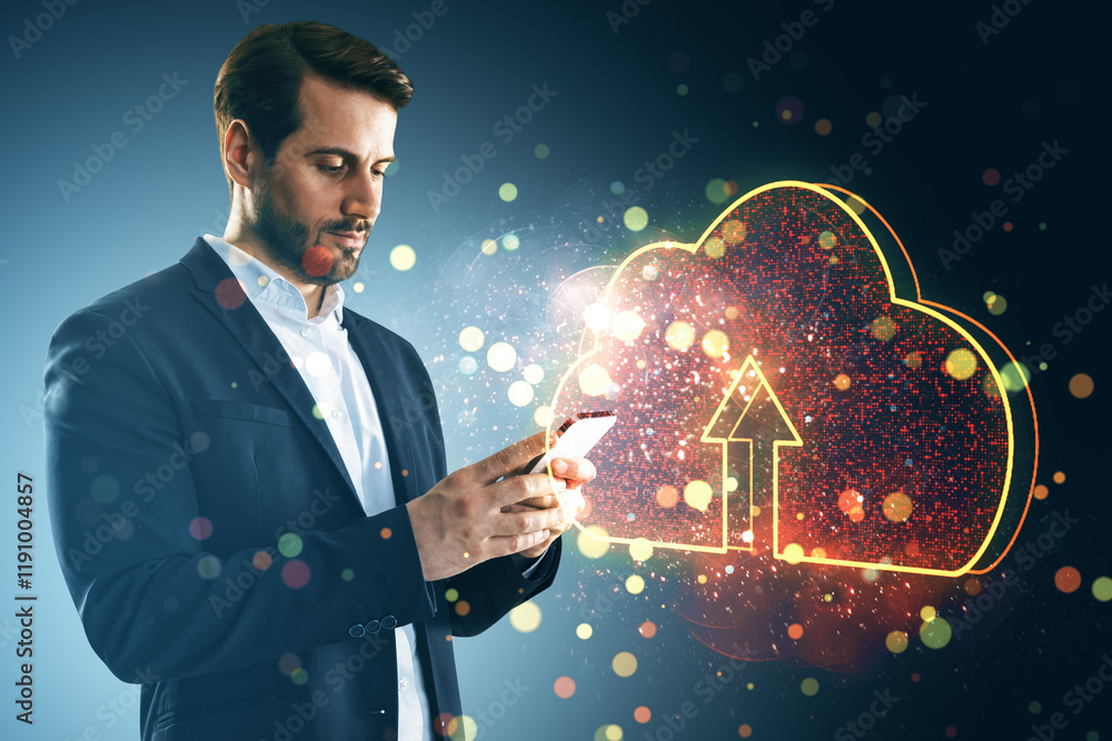Poster businessman using smartphone with glowing cloud upload icon, abstract digital background.