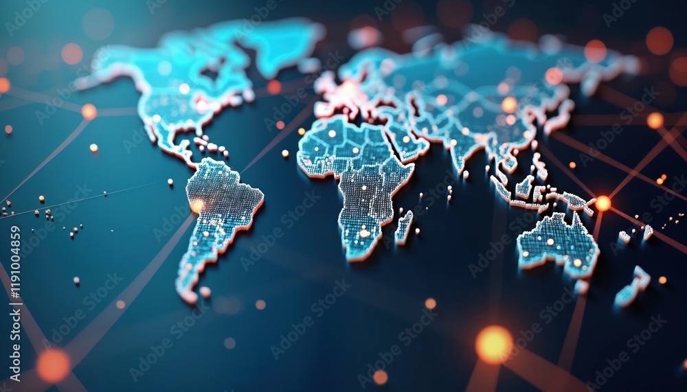 Poster global network illustration shows world map with glowing lines connecting various points. tech illus