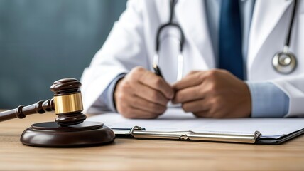 Doctor consulting a patient with legal documents on a desk, symbolizing healthcare and legal issues, compliance, and rights discussion