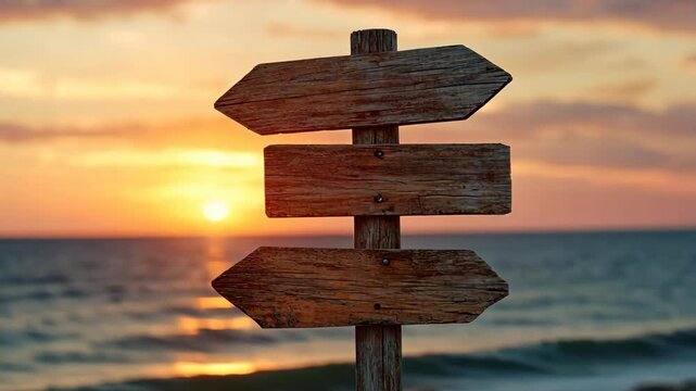 Wooden signpost at sunset near the ocean with calm waves reflecting warm colors