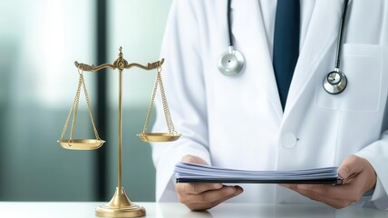 Doctor looking at medical files, with scales of justice in the background, focusing on patient rights and healthcare laws