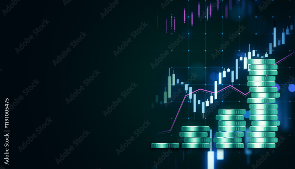 Poster abstract financial growth chart with bright green coin stacks and stock market graph on dark backgro