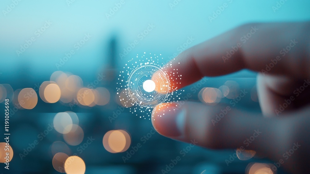 Poster a close up shot of a fingertip pressing a virtual button with a white outline, set against a blurred