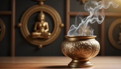 Intricate brass incense burner with rising smoke in soft warm light, showcasing Buddhist craftsmanship