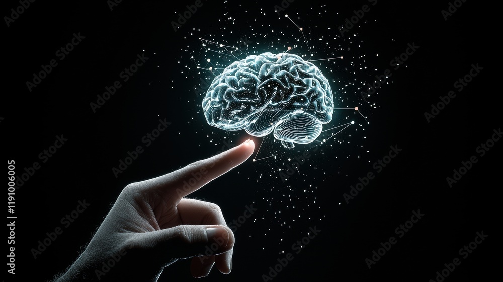 Poster a fingertip touching a glowing blue holographic brain interface, with neural networks and data point