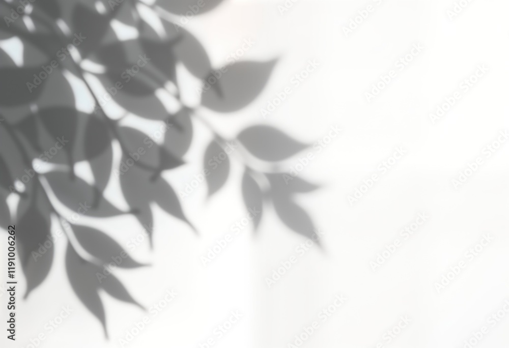 Poster blurred grey leaf shadows create soft overlay on white background. gentle light creates smooth, tran