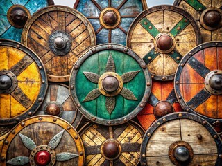Rustic Viking Shields: Wooden & Metal Collection - Isolated PNG Images