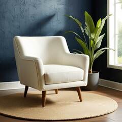 Stylish interior design with a cozy white armchair featuring wooden legs, placed on a circular beige rug. A potted green plant stands to the side, adding a touch of nature. The background showcases a 