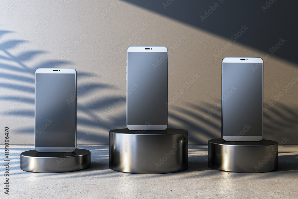 Poster three modern smartphones on metallic podiums with blank screens. 3d rendering