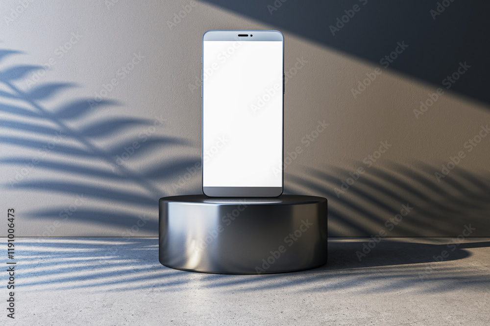 Poster Smartphone with blank white screen on metallic podium under soft light and shadows. 3D Rendering
