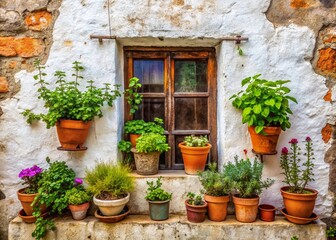 Naklejka premium Rustic White Wall, Wooden Window, Flower Pots - Charming Cottage Scene