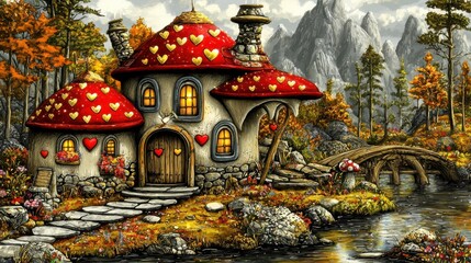 Fototapeta premium Charming fairytale cottage surrounded by autumn landscape fantasy art tranquil scenery enchanted setting