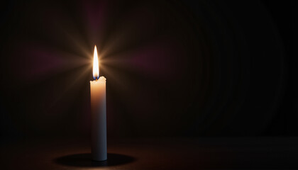 Close-up of a single candle flickering in a dark room, creating a warm and serene atmosphere