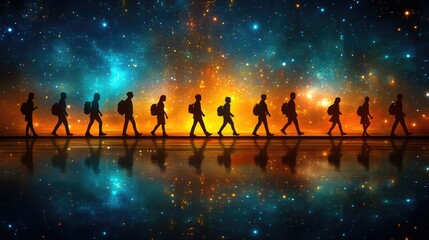 Fototapeta premium Silhouette of Travelers Walking with Cosmic Sky Reflections in Awe-Inspiring Starry Background