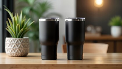 Two black stainless steel tumblers stand on light wooden table. Modern, sleek design. Blank space available for customization. Suitable for promotional use, corporate branding. Ideal for logo design.