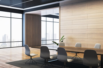 Modern boardroom interior with large wooden table and chairs, surrounded by floor-to-ceiling windows offering city view. 3D Rendering