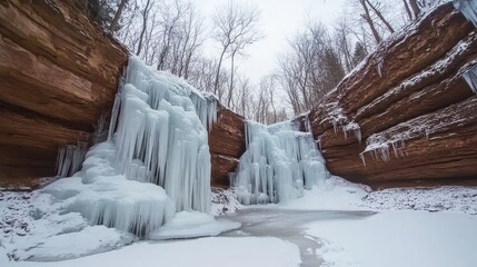 Stunning Frozen Cave with Ice Formations and Expanding Pus in a Majestic Winter Landscape Surrounded by Leafless Trees and Rocky Terrain