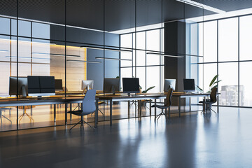Modern open-plan office interior with sleek furniture and large glass windows showcasing an urban city view. 3D Rendering