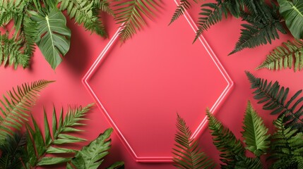 A bold, triangular neon frame in a vibrant pink hue, with delicate ferns delicately draped around its edges, their delicate fronds casting intricate shadows against a dark, moody background, creating