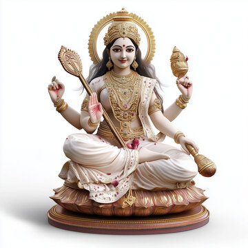 Goddess Saraswati, isolated on pure white background, Ai generated images