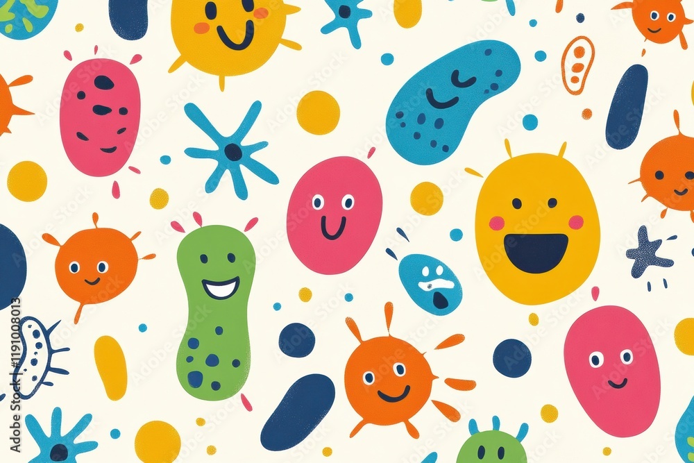 Leinwandbilder cartoon microbes happily interacting in a colorful pattern within a light background. generative ai