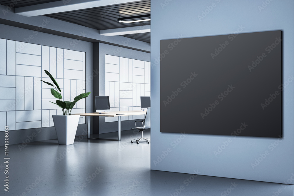 Poster modern empty office interior with blank black frame on wall, desks, plant, and computers in bright w