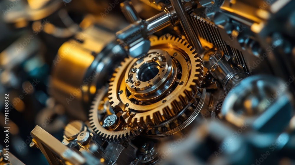 Poster golden gears are engaging and rotating within a complex machine, showcasing precision engineering an