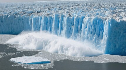 Stunning Image of a Glacier Breaking and Icebergs Crumbling into a Frozen Body of Water, Capturing the Dynamic Nature of Ice Formations and Climate Change Effects
