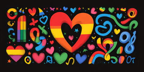 Fototapeta premium Rainbow Heart Celebration: A vibrant and playful illustration featuring a large rainbow heart as the centerpiece, surrounded by smaller hearts, abstract shapes.