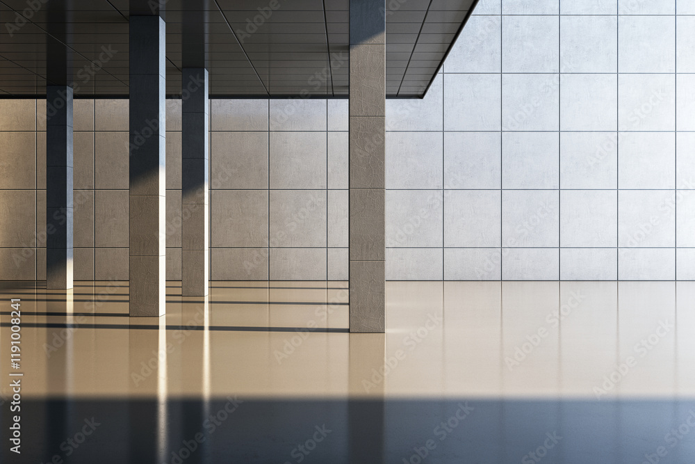 Poster Minimalist interior with concrete columns and tiled walls reflecting light on polished floor in modern architecture design. 3D Rendering