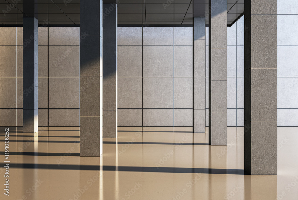 Poster Minimalist interior design featuring concrete columns with textured surfaces and polished floor reflecting light. 3D Rendering