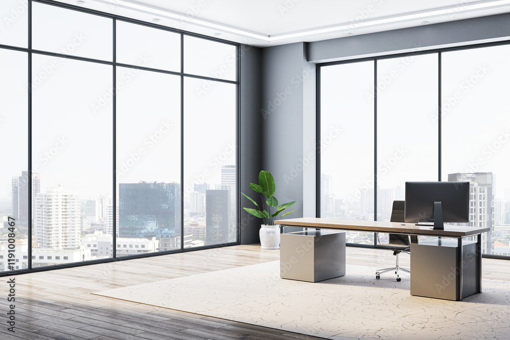 Aufkleber modern executive office with large windows and cityscape view. 3d rendering
